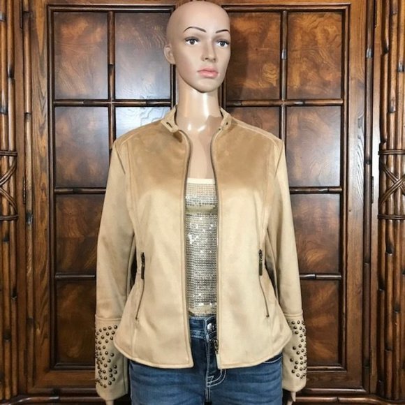 Curations Honey Beige Faux Suede Studded Zip Sleeve Jacket - Picture 2 of 16